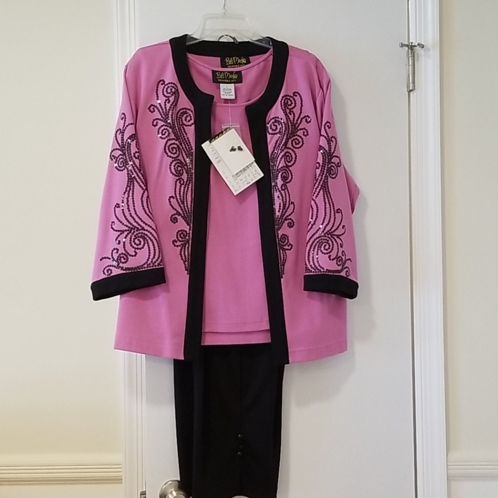 Bob Mackie 3 pc pink and black sequined knit suit